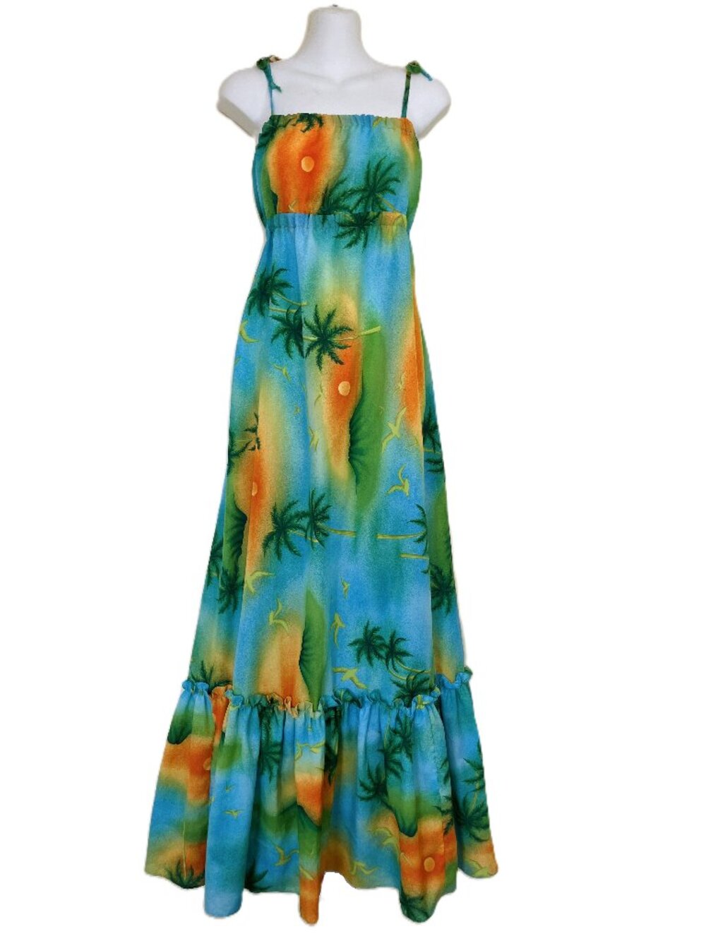 Pomare Hawaii Ruffled Maxi Dress Spaghetti Straps Blue Print Vintage Made in USA